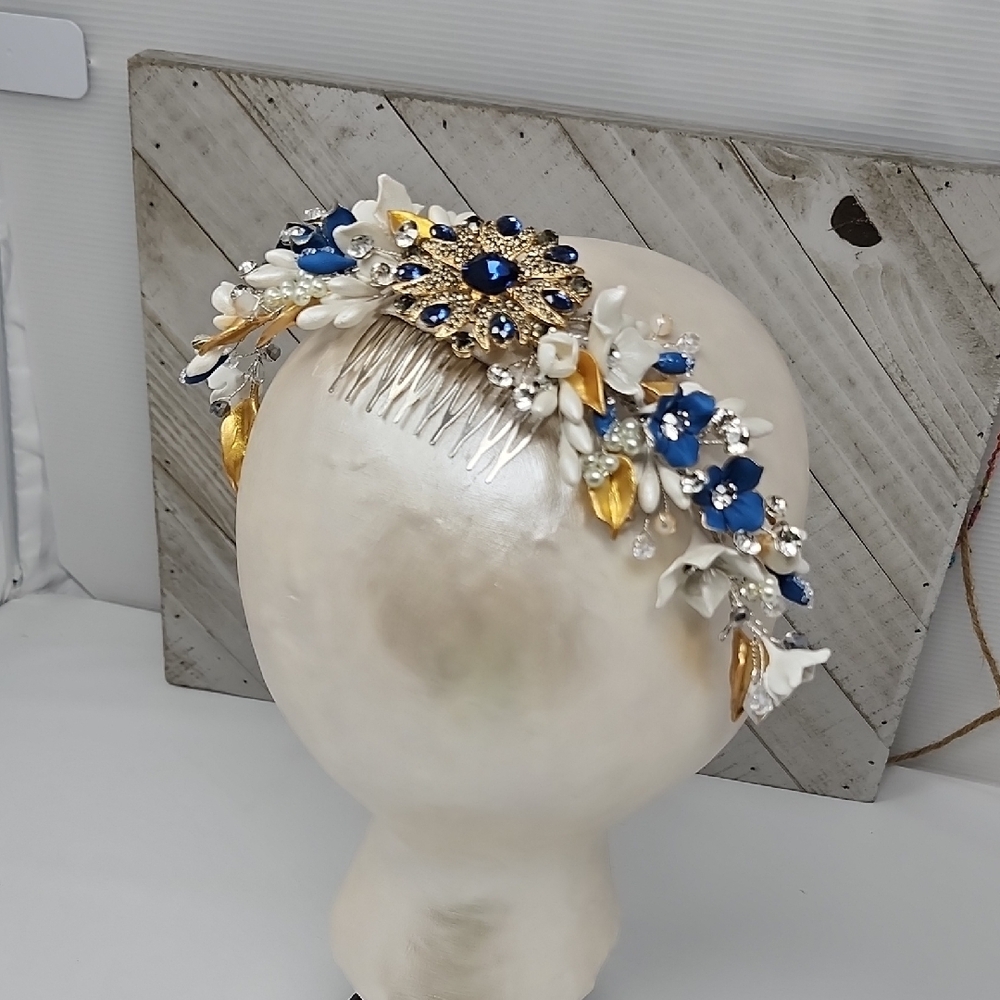 Elegant Blue and Gold Floral Headband - Picture 11 of 15